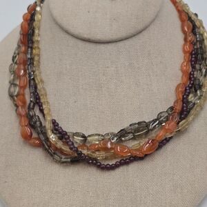 Multi Strand Carnelian Smoky Quartz Citrine Torsade Sterling Silver 925 Necklace